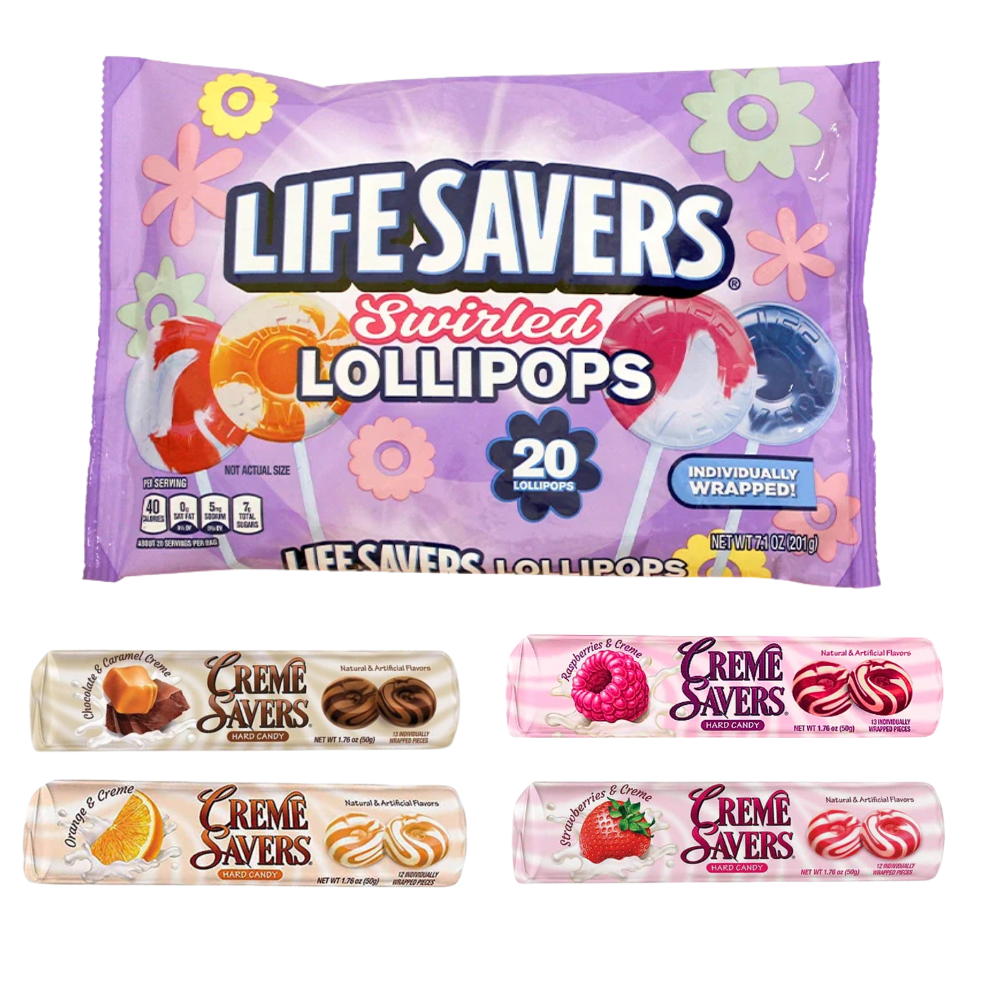 Creme Savers Nostalgia Bundle with four Creme Savers rolls and Lifesavers lollipops
