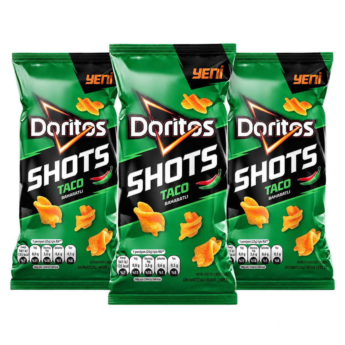 Three Doritos Shots Taco 26g bags from Turkey, 78g total