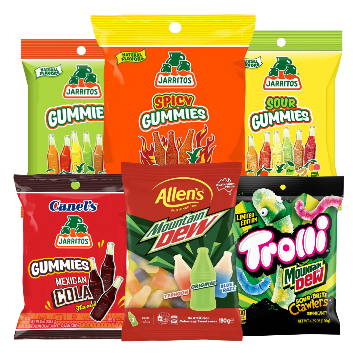 The Soda Gummies Bundle: 6 individually packaged treats on a transparent background