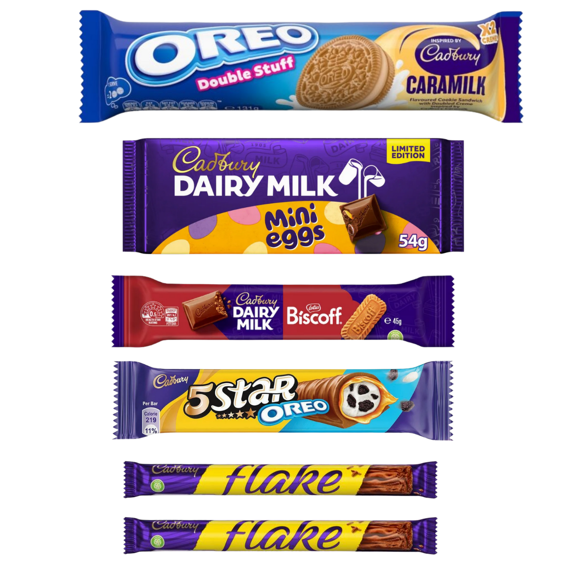 Cadbury bundle with Caramilk Oreo, Mini Eggs, Biscoff, 5 Star Oreo and two Flake bars