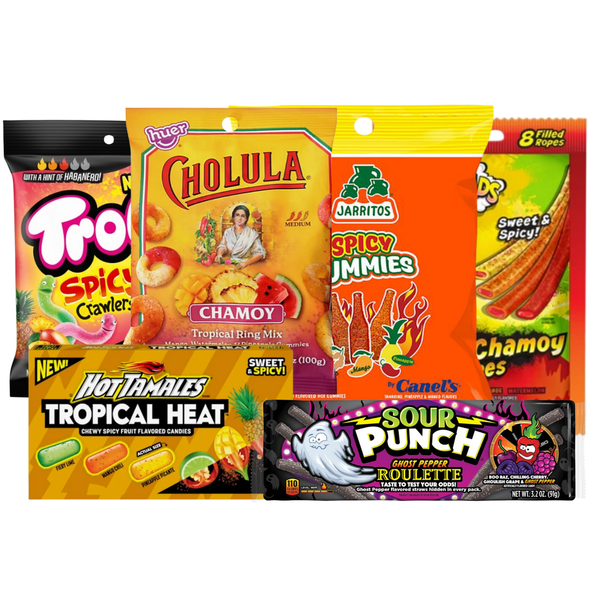 Six sweet and spicy candy packages in the Heat Check Candy Bundle
