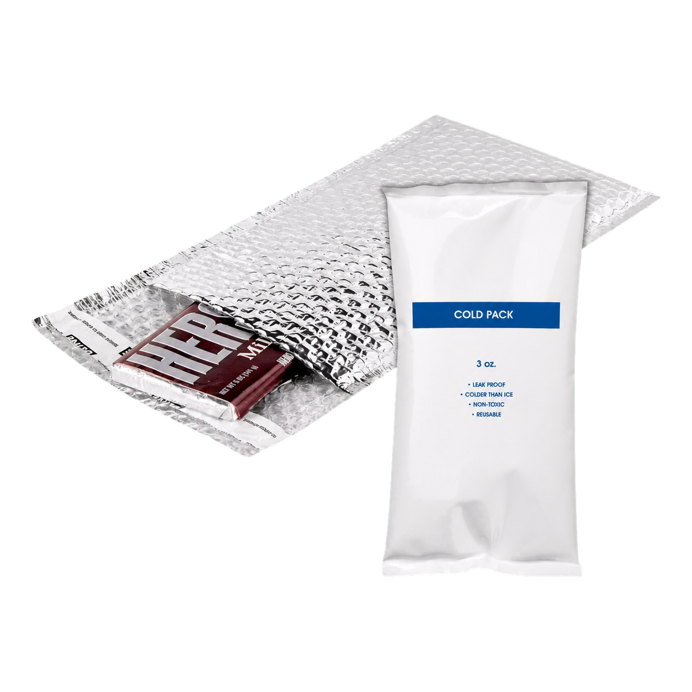 Cold Packs for Shipping product cutout with insulated mailer and chocolate bar