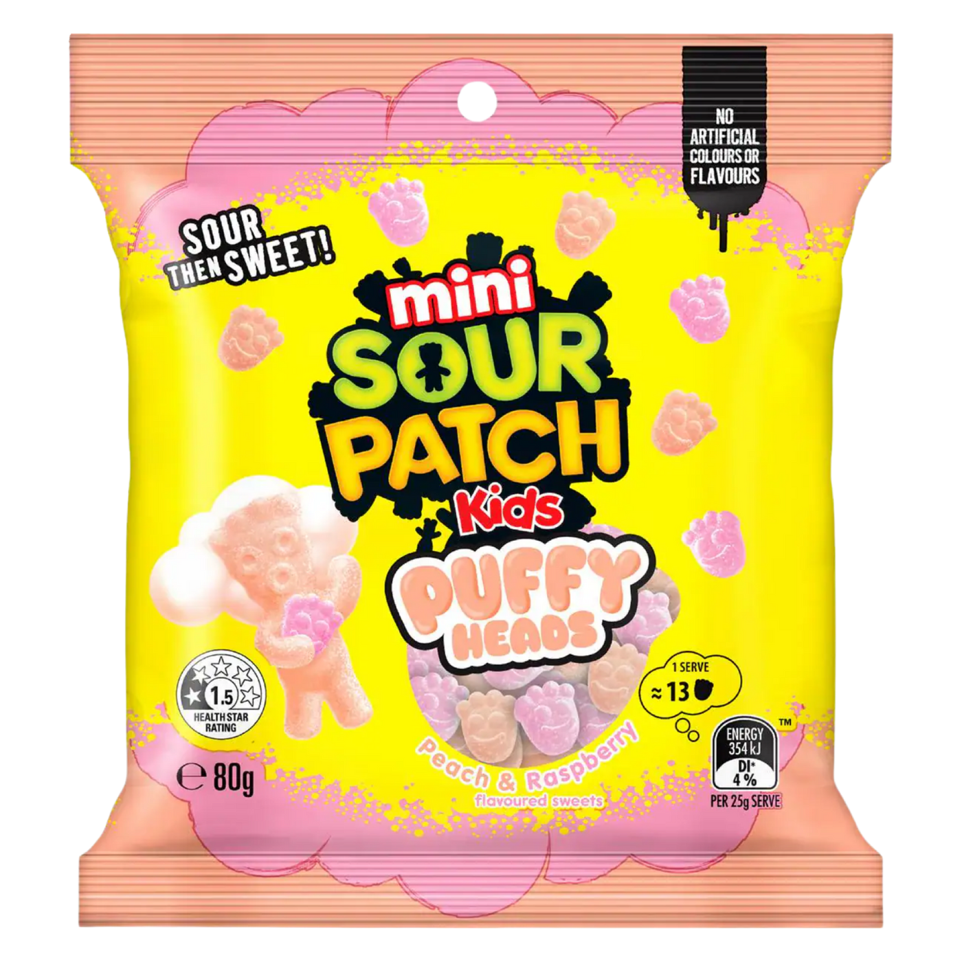 Sour Patch Kids Peach & Raspberry Puffy Heads - 80g (Australia) product cutout