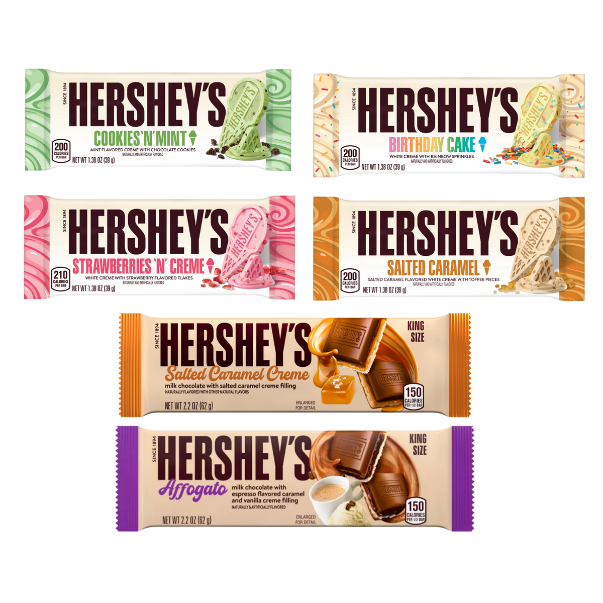 Six Hershey’s bars including four ice-cream-inspired flavors, Salted Caramel Creme King Size and Affogato King Size
