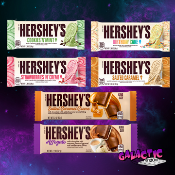 Six Hershey’s flavor bars on the Galactic Snacks background