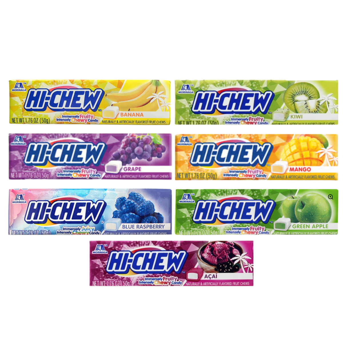 Seven HI-CHEW packs: Banana, Kiwi, Grape, Mango, Blue Raspberry, Green Apple and Acai