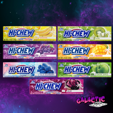 Seven HI-CHEW fruit flavors on the Galactic Snacks background