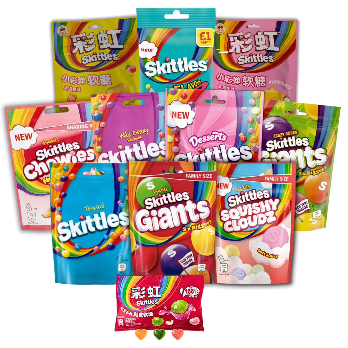 Skittles bundle with the included candy packages on a transparent background