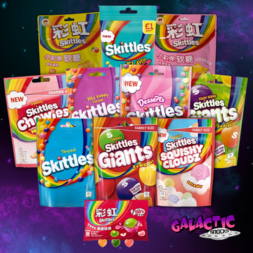 Skittles bundle with the included candy packages on the Galactic Snacks background