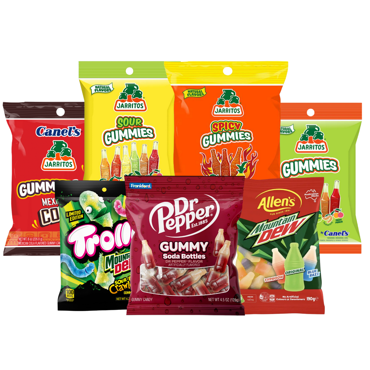 Soda Gummies bundle with the included candy packages on a transparent background