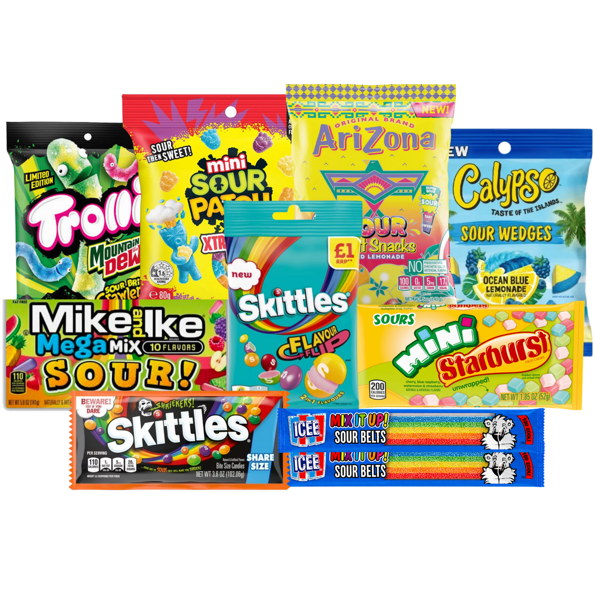 Sour Candy bundle with the included candy packages on a transparent background