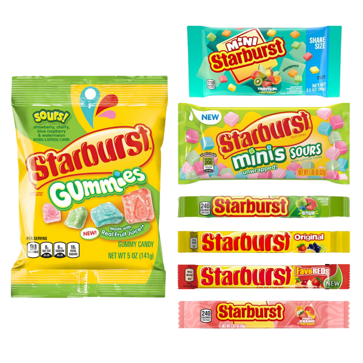 Starburst bundle with the included candy packages on a transparent background