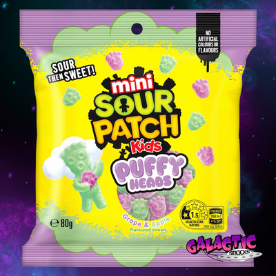 Sour Patch Kids Apple & Grape Puffy Heads - 80g (Australia) on Galactic Snacks background