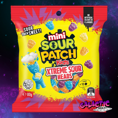 Sour Patch Kids Mini Xtreme Sour Heads - 80g (Australia) on Galactic Snacks background
