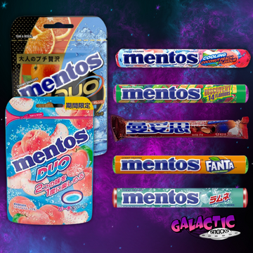 The Ultimate Mentos Bundle product assortment on a purple galactic background