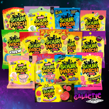 The Ultimate Sour Patch Kids Bundle product assortment on a purple galactic background