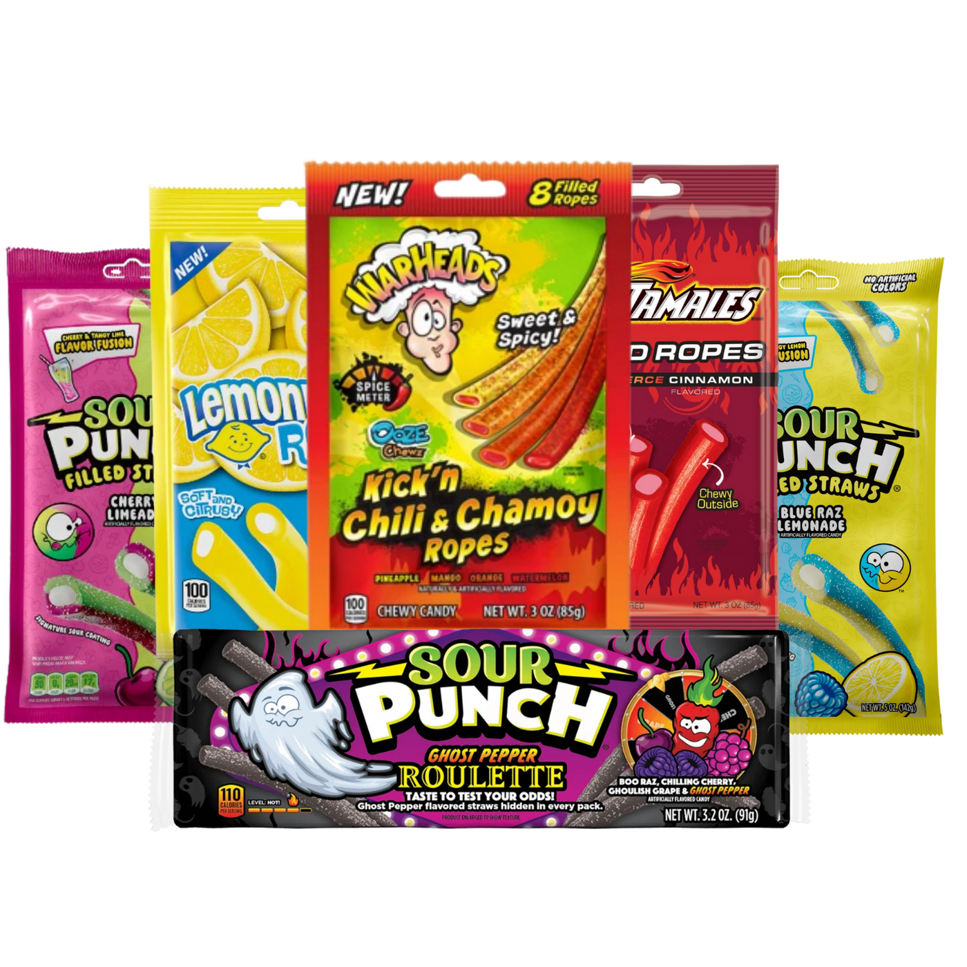 Ultimate Candy Ropes Bundle isolated composition with six chewy rope candies