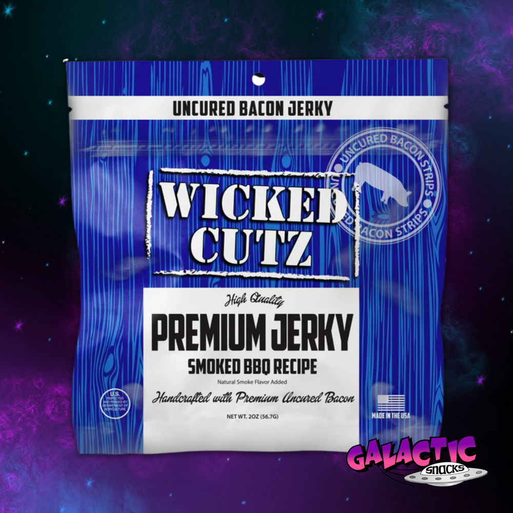 
            
                Load image into Gallery viewer, Wicked Cutz - Smoked BBQ Bacon Jerky - 2oz - Galactic Snacks BuySnacksOnline.com
            
        