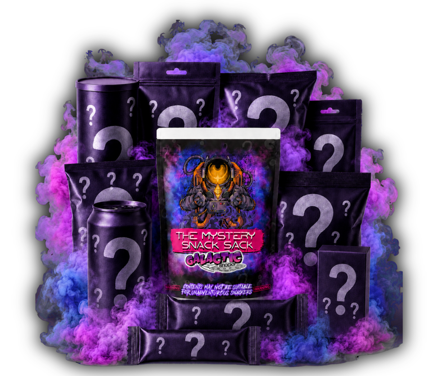 The Galactic Snacks Mystery Snack Sack surrounded by purple mystery packages and colorful smoke