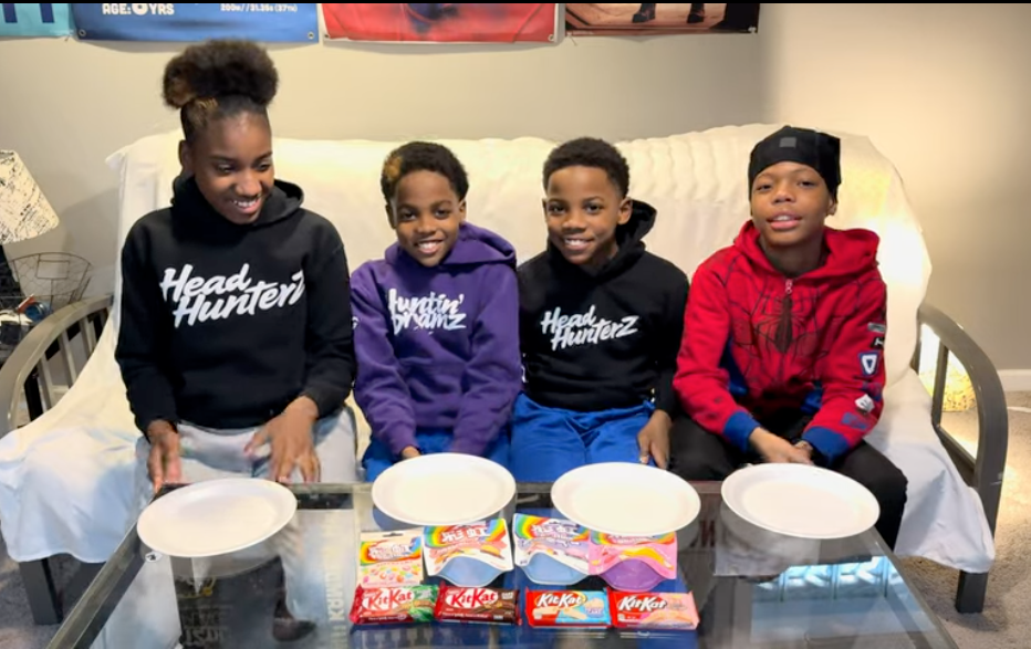 Four kids preparing a snack taste test in a YouTube video